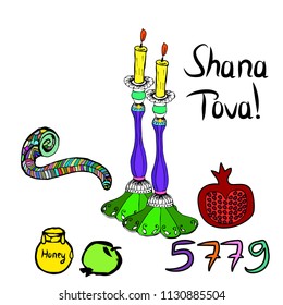 Shana Tova 5779 inscription Hebrew translation of the Good Year. Candles, shofar, pomegranate, apple, honey, Rosh Hashanah. Hand draw. Doodle. Vector illustration on isolated background.