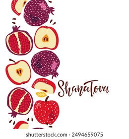 Shana Tova background. Seamless fruits pattern with Handwritten calligraphy lettering. Apple and pomegranate vertical isolated composition. Happy Rosh Hashanah banner. Jewish New Year Holiday.