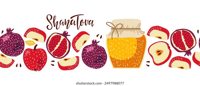 Shana Tova background. Seamless fruits pattern with Handwritten calligraphy lettering. Apple and pomegranate and honey horizontal isolated composition. Happy Rosh Hashanah. Jewish New Year Holiday