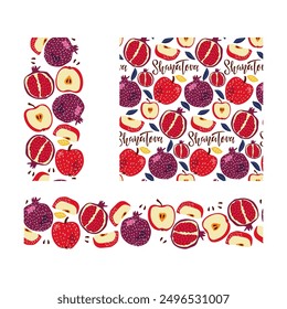 Shana Tova backgrounds. Seamless fruits patterns with Handwritten calligraphy lettering. Apple and pomegranate isolated composition set. Happy Rosh Hashanah banner. Jewish New Year Holiday