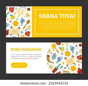 Shana Tova Banner Design with Symbols of Jewish Holiday Vector Template