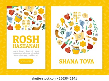 Shana Tova Banner Design with Symbols of Jewish Holiday Vector Template