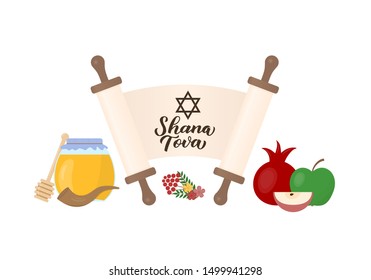 Shana Tova calligraphy hand lettering with traditional symbols of Rosh Hashanah (Jewish New Year). Easy to edit vector template for banner, typography poster, greeting card, invitation, flyer.