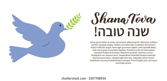 Shana Tova calligraphy hand lettering with flying dove and copy space. Rosh Hashana - Jewish holiday New Year banner. Vector template for, typography poster, greeting card, invitation, flyer, etc.