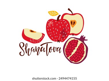 Shana Tova card. Handwritten calligraphy lettering with apple and pomegranate isolated composition. Happy Rosh Hashanah banner. Jewish New Year Holiday. For greeting card, Holiday design, invitation.