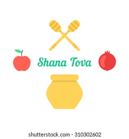 shana tova card with traditional objects. concept of shanah tovah, israel culture, decoration, annual feast. isolated on white background. flat style trend modern logo design vector illustration