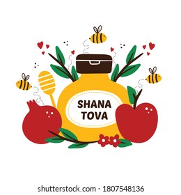 Shana Tova cartoon greeting card, vector illustration with bottle of honey and cute honey bees, pomegranate, apple and green branches decoration for Rosh Hashanah, Jewish New Year holiday.