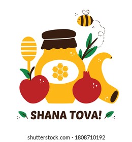 Shana Tova cartoon greeting card, vector illustration with honey jar, cute honey bee, pomegranate, apple and shofar horn for Rosh Hashanah, Jewish New Year holiday.