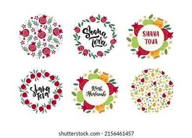 Shana Tova celebration typography. Hand drawn lettering with pomegranate wreath. Jewish New Year. Rosh Hashanah holiday card, poster, t shirt print. Vector illustration.