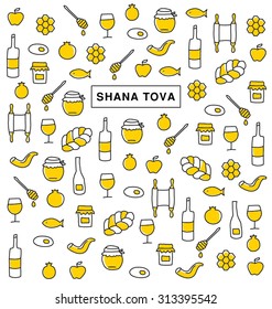 SHANA TOVA. Sammlung von Symbolen und Symbolen für Rosh Hashanah, Jüdisches Neujahr. Vektorgrußkarte.  Elementmuster