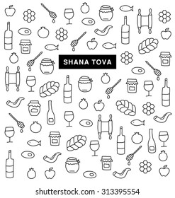 SHANA TOVA. Collection of icons and symbols for Rosh Hashanah, Jewish New Year. Vector greeting card.  Elements  pattern.