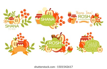 Shana Tova Colorful Labels Set, Rosh Hashanah Jewish Holiday, New Year Banner, Poster, Badge Design Elements. Vector Illustration.