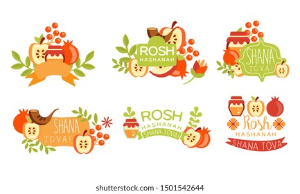 Shana Tova Colorful Labels Set. Rosh Hashanah Jewish Holiday Banner, Poster, Badge Design Elements. Vector Illustration.