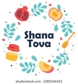 Shana tova concept. Traditional Israeli and Jewish holiday. Apple, honey and pomegranate.