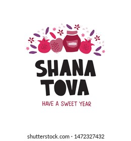 Shana Tova desserts flat vector banner template. Jewish New Year celebration lettering. Traditional food, pomegranates, apples, honey jar. Rosh Hashanah religious holiday postcard design element