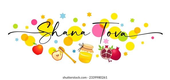 Shana Tova elegant lettering with colored circle, honey, apple and pomegranate. Rosh Hashanah, jewish holiday Happy New Year. Template for invitation card, poster, banner. Vector illustration