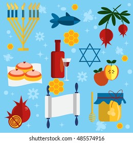 Shana Tova flat vector icons set. Rosh Hashanah jewish new year greeting card set design with hand drawing apple honey and pomegranate. Hanukkah vector greeting card design for Jewish New Year.
