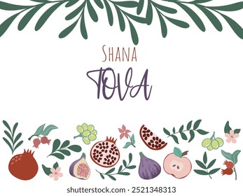 Shana Tova greeting banner. Horizontal card with greeting lettering, decorated with fruits pomegranate, apple, fig, flowers and foliage, vector graphic