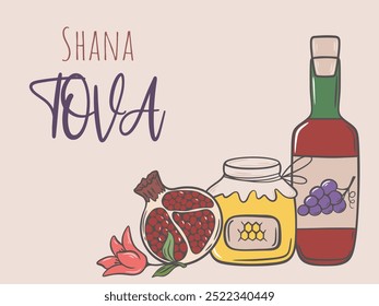 Shana Tova Grußkarte im handgezeichneten Stil. Jüdischer Neujahrsurlaub. Vorlage mit Honig, Granatapfel, Flasche Wein und Blumen, Vektorgrafik