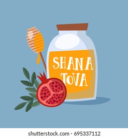 Shana Tova greeting card, invitation for  Jewish New Year Rosh Hashanah. Mason jar with honey, and pomegranate fruit. Vector illustration background, flat design. 