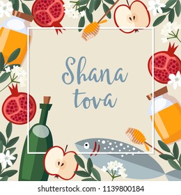 Shana Tova greeting card. Jewish New Year Rosh Hashana invitation with bottle wine, fish, honey, apple and pomegranate fruit. Vector illustration background, flat design. 