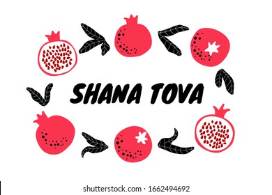 Shana tova greeting card with pomegranate and leaves. Jewish New Year.  Fruit background template for invitation, poster and banner. Drawn fruits and leaves. Vector illustration. 