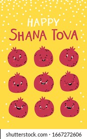 Shana Tova greeting card, Rosh Hashanah greeting card, with holiday symbol, pomegranate on a honey background. Funny characters with different emotions. Jewish New Year. Childish vector illustration.