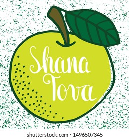 Shana tova greeting card with symbols of jewish Rosh Hashanah, New Year. Vector square template with pomegranates, seeds, apples, lettering. Eps design template in red and green colours.
