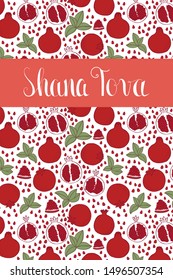 Shana tova greeting card with symbols of jewish Rosh Hashanah, New Year. Vector square template with pomegranates, seeds, apples, lettering. Eps design template in red and green colours.

