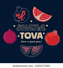 Shana Tova hand draw card with lettering, with pomegranats. Jewish New Year holiday banner design. Template for postcard or invitation card, poster, print. Vector illustration.