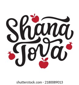 Shana Tova. Grabación manual de Rosh Hashanah con manzanas y granadas aisladas en fondo blanco. Tipografía vectorial para decoración de año nuevo judío, tarjetas, carteles, pancartas, etiquetas