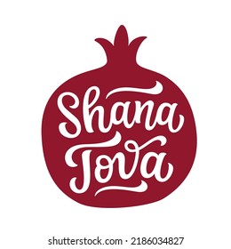 Shana tova. Hand lettering Rosh hashanah text in a pomegranate shape isolated on white background. Vector typography for jewish new year decor, cards, posters, banners, labels