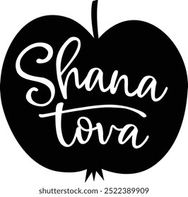 Shana Tova Handschrift. Rosh Hashanah Grußkarte, Einladung. Silhouette aus schwarzer Apfelfrucht mit handgeschriebenem Text einzeln auf weißem Hintergrund Fröhliches jüdisches Neujahrskonzept Feierliches Konzept