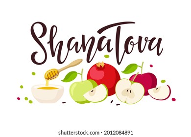 Shana Tova handwritten calligraphy lettering with apple, pomegranate, honey isolated composition. Happy Rosh Hashanah banner. Jewish New Year Holiday. For greeting card, Holiday design, invitations