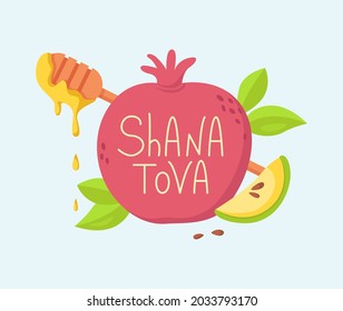 Shana Tova handwritten lettering on pomegranate, with apple slice, honey isolated composition. Rosh Hashanah banner. Jewish New Year. For greeting card, holiday design.