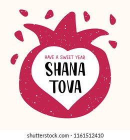 Shana Tova - handwritten modern lettering with pomegranate. Jewish holiday. Template for postcard or invitation card, poster, banner, print. Vector illustration.