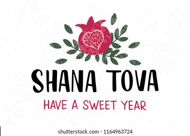 Shana Tova - handwritten modern lettering with pomegranate. Jewish New Year. Holiday banner design. Template for postcard or invitation card, poster, print. Vector illustration.