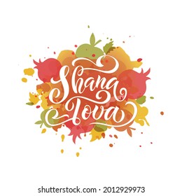 Shana Tova handgeschriebener Text für Rosh Hashanah (Jüdisches Neujahr). Vorlage für Postkarte, Einladung, Poster, Banner. Vektorgrafik auf abstraktem Hintergrund. Handschrift. Moderne Pinselkalligraphie