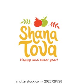 Shana Tova handwritten text for Rosh Hashanah- Jewish New Year. Template for postcard, invitation, poster, banner. Vector colorful illustration isolated on white background. Hand lettering, typography