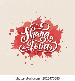 Shana Tova handwritten text for Rosh Hashanah Jewish New Year. Template for postcard, invitation, poster. Vector colorful illustration on abstract background. Hand lettering. Modern brush calligraphy