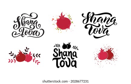 Shana Tova handwritten text for Rosh Hashanah Jewish New Year.Hand drawn brush lettering set. Design element for logo, banner, flyer, greeting card, Vector illustration isolated on white background