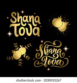 Shana Tova handwritten text for Rosh Hashanah Jewish New Year.Hand drawn brush lettering set. Design element for logo, banner, flyer, greeting card, Vector illustration, golden textured elements