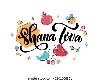 Shana Tova handwritten text for Rosh Hashanah (Jewish New Year). Template for postcard, invitation, poster, banner. Vector illustration isolated on white background and holiday symbols. Hand lettering