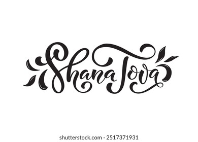 Texto escrito a mano de Shana Tova para Rosh Hashanah (Año Nuevo Judío). Plantilla para postal, invitación, insignia, icono, Anuncio. Ilustración vectorial. Letras de mano. Caligrafía moderna del cepillo aislada en blanco