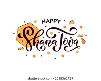 Texto escrito a mano de Shana Tova para Rosh Hashanah (Año Nuevo Judío). Plantilla para postal, invitación, cartel, Anuncio. Ilustración vectorial aislada sobre fondo blanco y símbolos de vacaciones. 