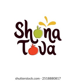 Shana Tova handwritten text for Rosh Hashanah (Jewish New Year). Template for postcard, invitation, poster, banner. Vector illustration isolated on white background and holiday symbols. Hand lettering