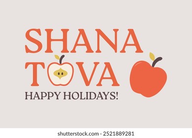 Shana Tova und schöne Feiertage. Rosh Hashanah, jüdisches Neujahr. Trendy minimale Vektorgrafik, Banner, Vorlage mit Text und Äpfeln einzeln auf weißem Hintergrund.