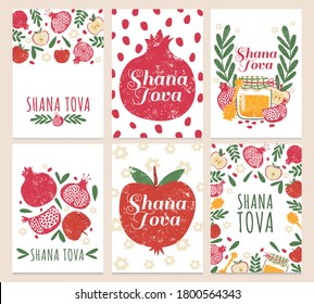 Shana tova. Happy jewish new year, greeting cards with rosh hashanah holiday symbols. Pomegranate, apple and honey vector set. Celebrating cheerful event card collection with fruit and jar