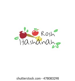 "Shana Tova" (Happy New Year on hebrew). Greeting card for Jewish New Year with flowers and traditional elements of Holiday Rosh Hashanah