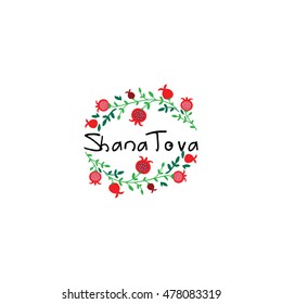 "Shana Tova" (Happy New Year on hebrew). Greeting card for Jewish New Year with flowers and traditional elements of Holiday Rosh Hashanah